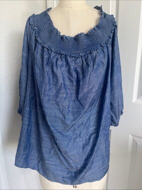 NWT Lane Bryant Chambray Blue Smocked Neck Blouse Fall Casual Coastal Cowgirl